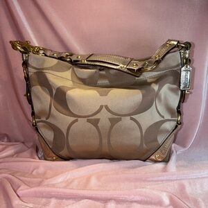 Authentic Vintage Coach Carly Signature Hobo – Khaki & Gold